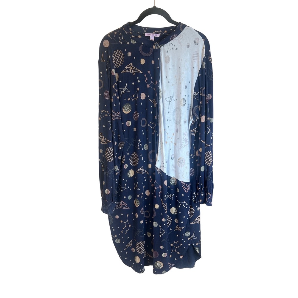 Hale Bob Womens Celestial Origami Print‎ Navy Blue Rayon Knit Shirt Dress Large